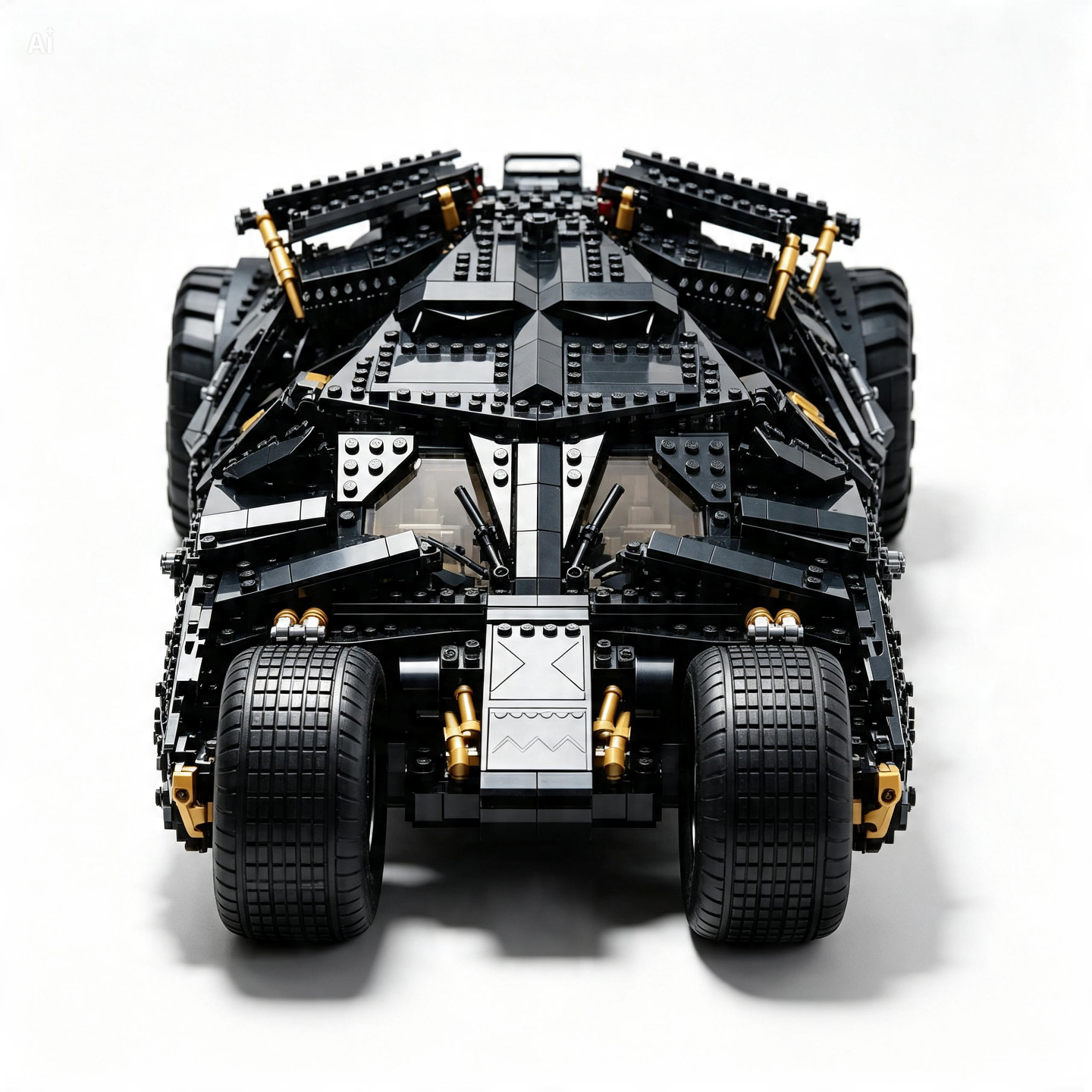 A black and gray toy vehicle model with gold accents, photographed from the rear on a clean white background.