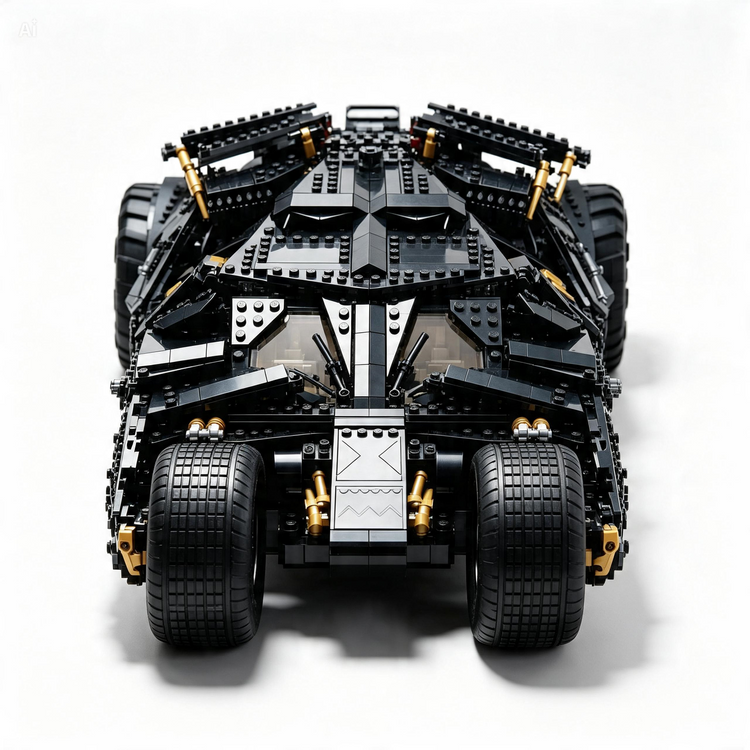 A black and gray toy vehicle model with gold accents, photographed from the rear on a clean white background.