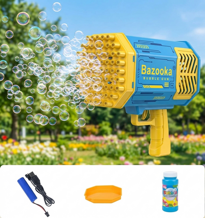 Bazooka bubble gun with bubbles in a park setting, including bubble solution and charger. Yellow