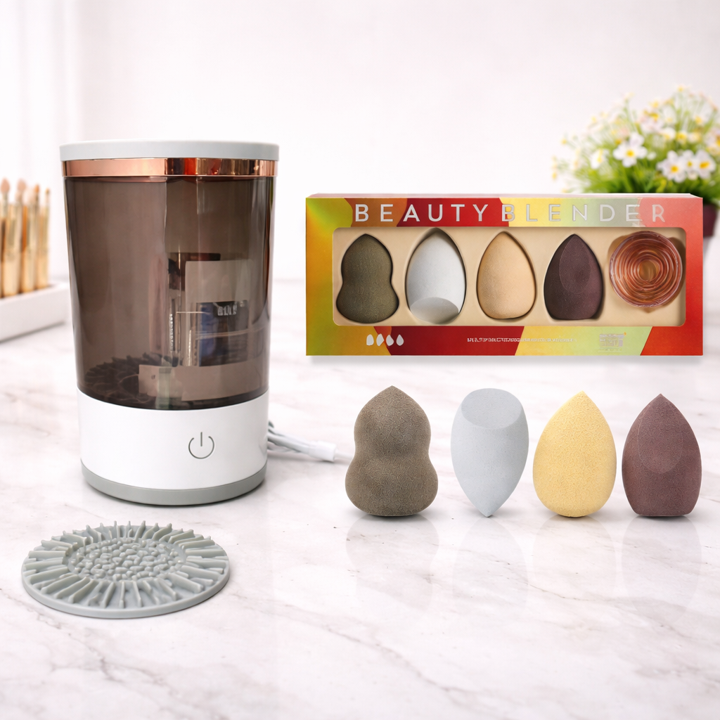 Beauty blender set with a cleaning device on a white surface
