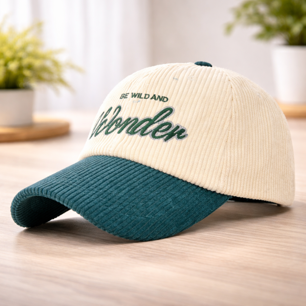 Beige and teal cap with text on a wooden surface