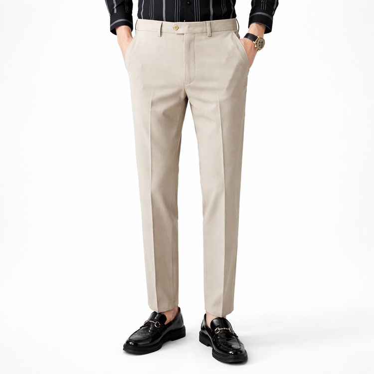 Beige dress pants worn by a person on a white background