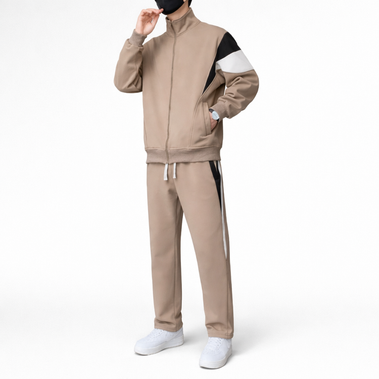 Beige tracksuit with black and white accents on a white background