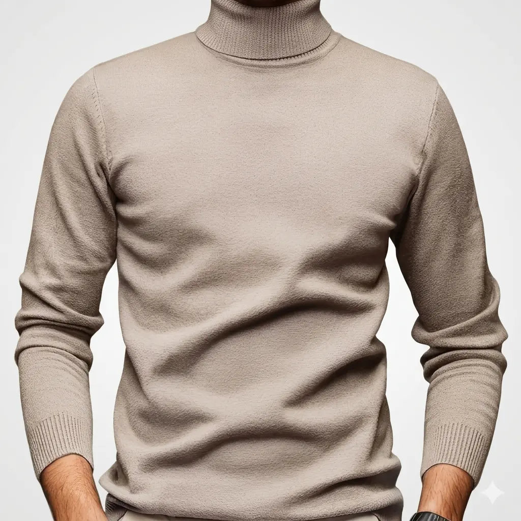 Men's solid color turtleneck sweater in beige chenille texture, front view on model