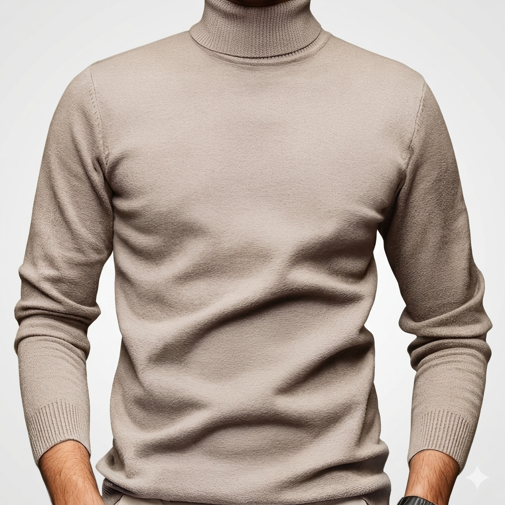 Beige turtleneck sweater on a plain background