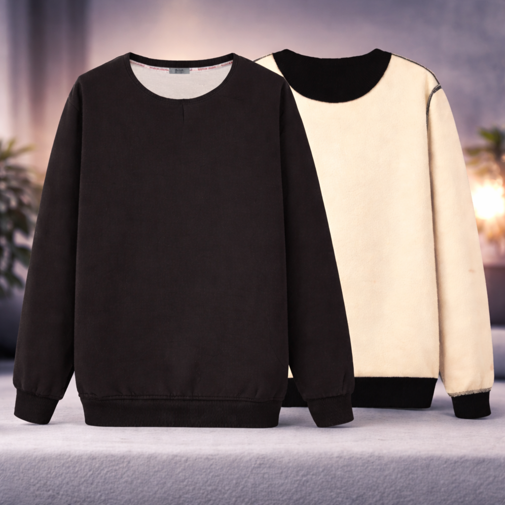 Black Fleece-Lined Men’s Winter Berber Sweater With Apricot Wool Inner Linings