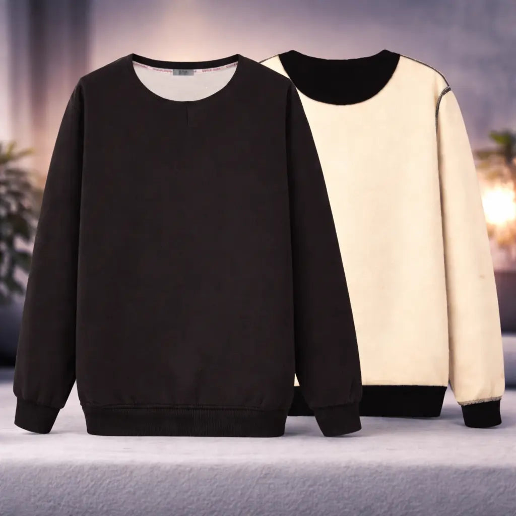 Men's fleece-lined berber sweater showing black exterior and beige interior fleece lining