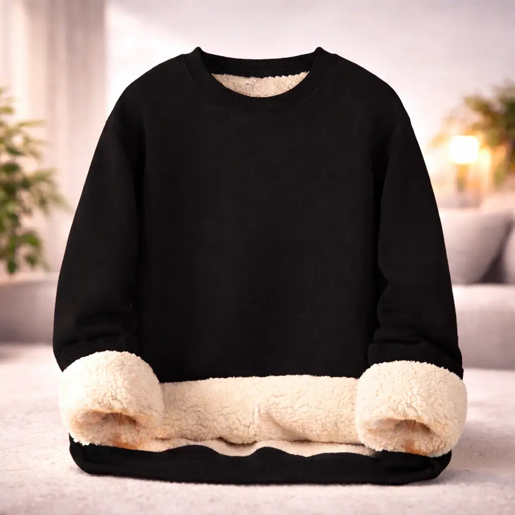 Men's fleece-lined berber sweater in black with beige fleece lining visible at the bottom hem