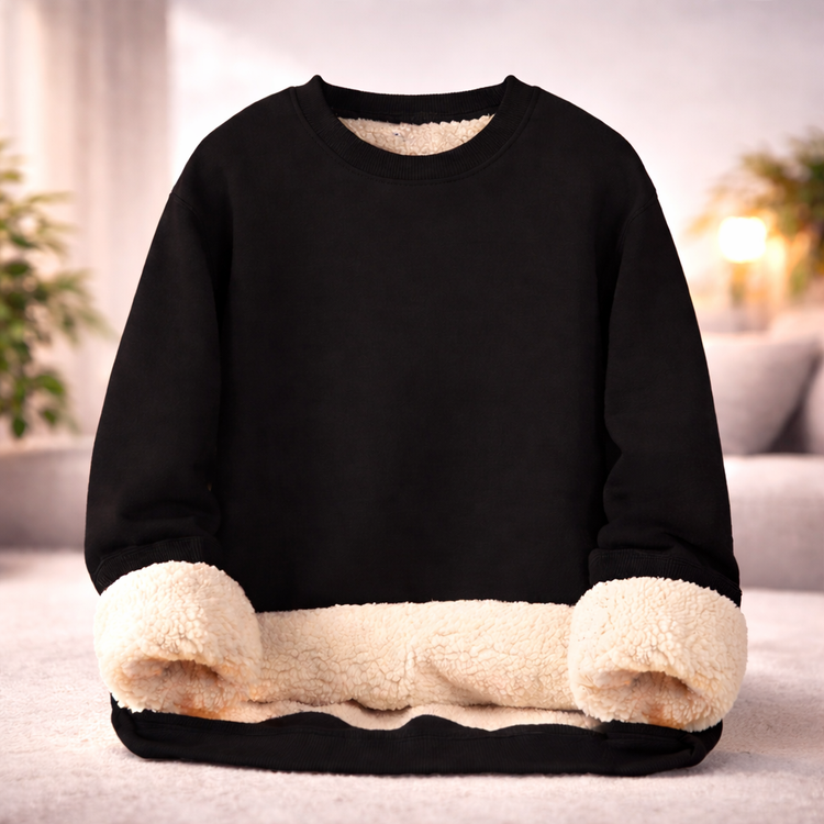 Black Fleece-Lined Men’s Winter Berber Sweater With Apricot Wool Inner Linings oOn Display