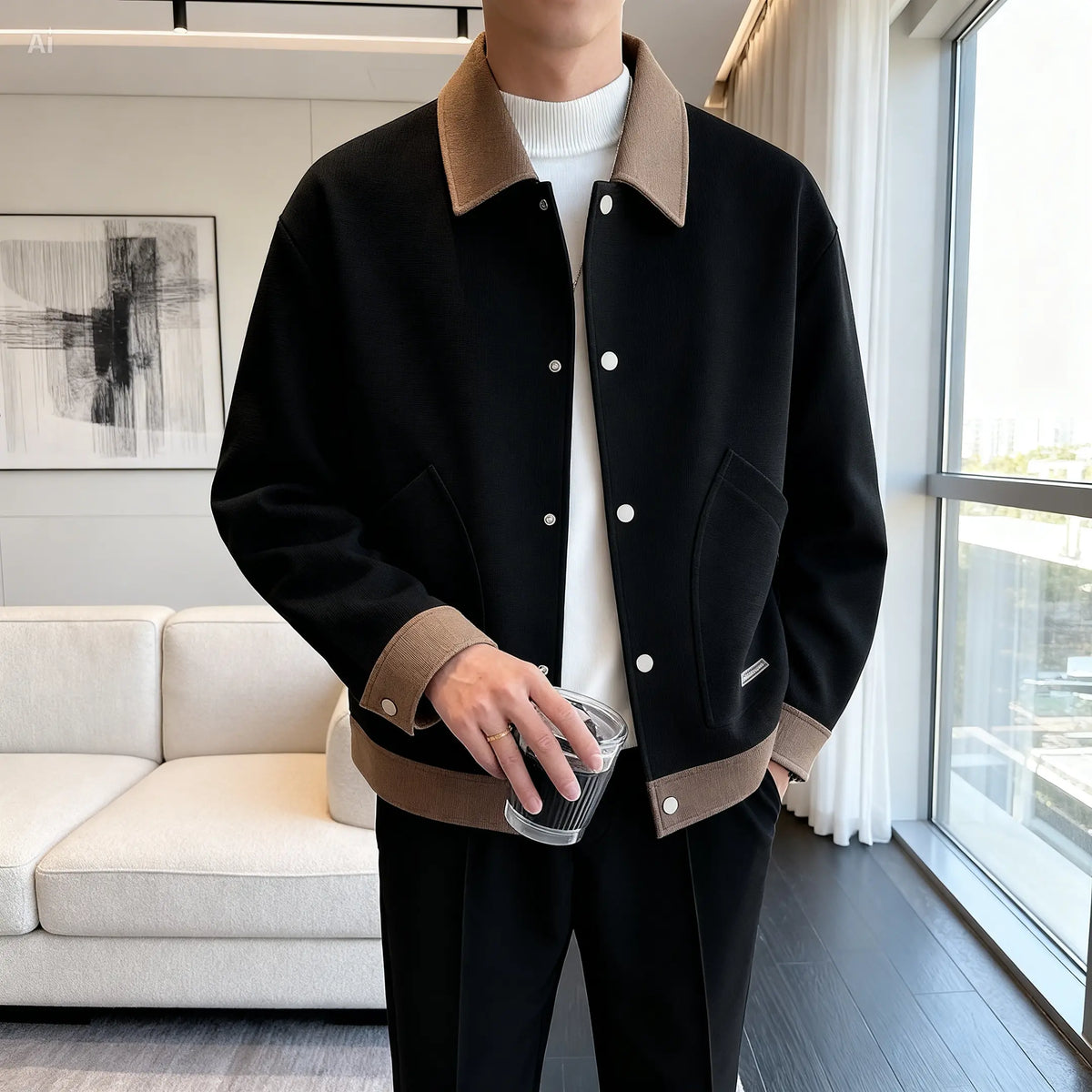 Men's autumn fashion light jacket - black with beige collar and cuffs, worn by a man holding a cup