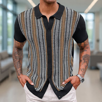 Black Men’s Casual Striped Jacquard Knitted Polo