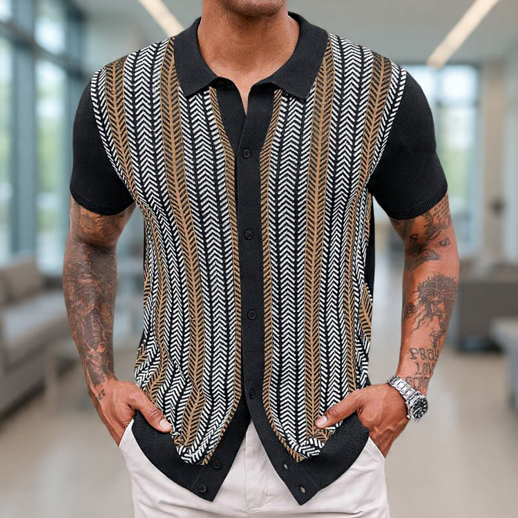 Black Men’s Casual Striped Jacquard Knitted Polo