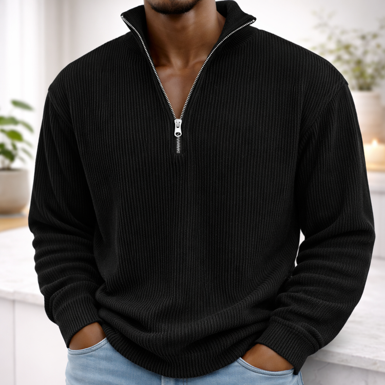 Black Men’s Corduroy Stand-Collar Zip Sweatshirt