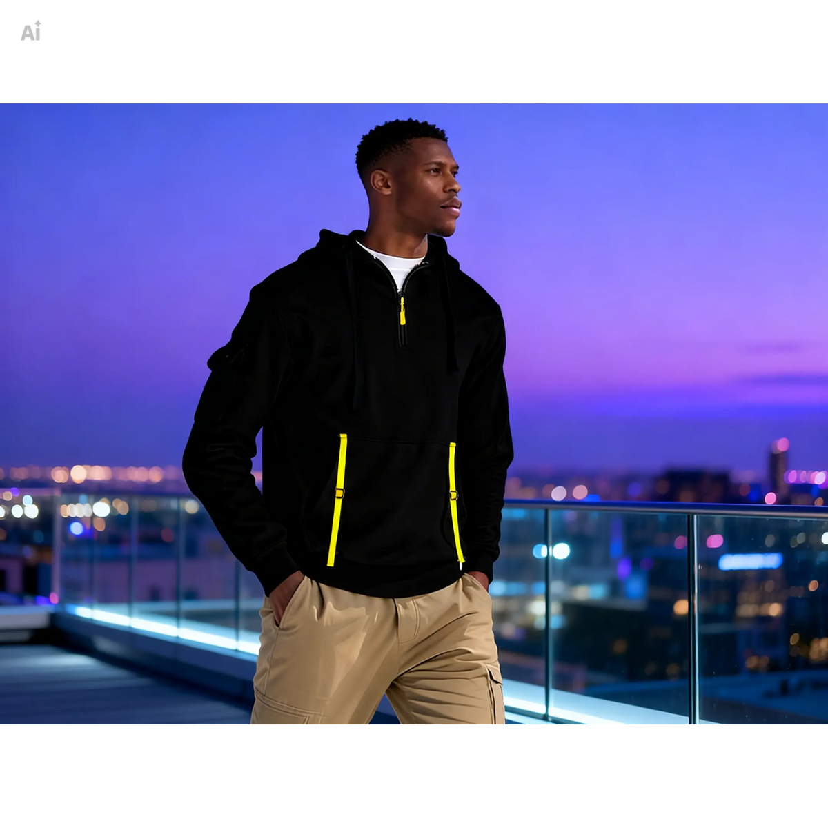 Men's fleece-lined hoodie for everyday wear, black with yellow accents, worn by a model on a rooftop.