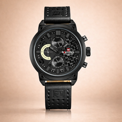 Black Naviforce watch with detailed face on a beige background