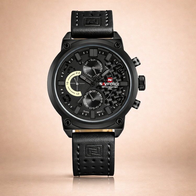 Black Naviforce watch with detailed face on a beige background