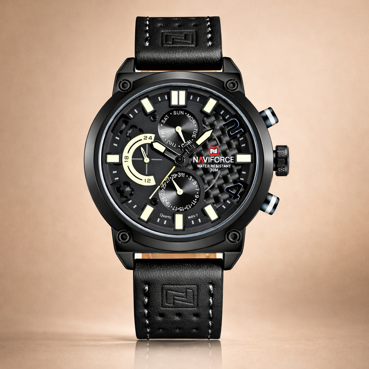 Black Naviforce watch with detailed face on a beige background
