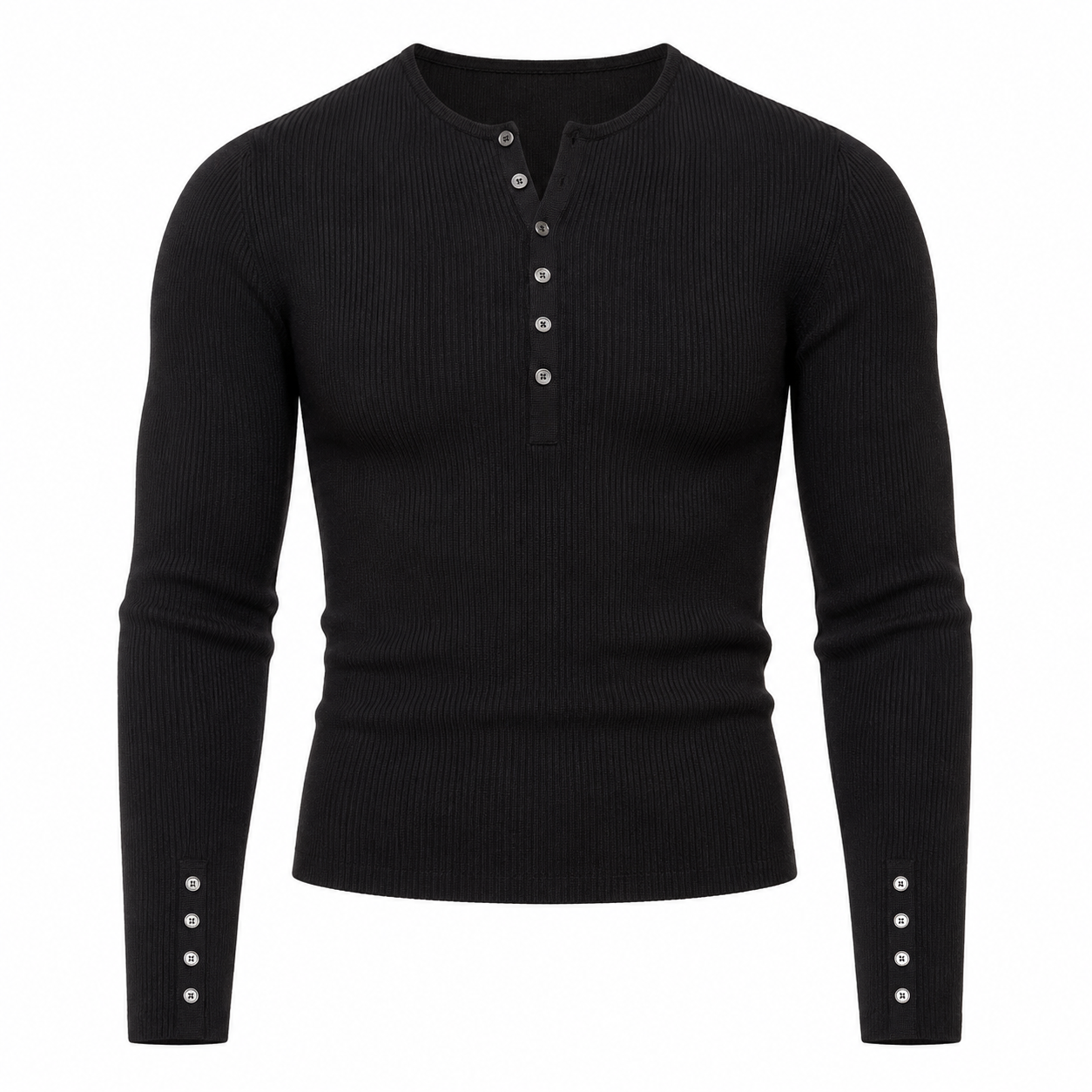 Black ribbed sweater with button details on a white background