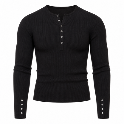 Black ribbed sweater with button details on a white background