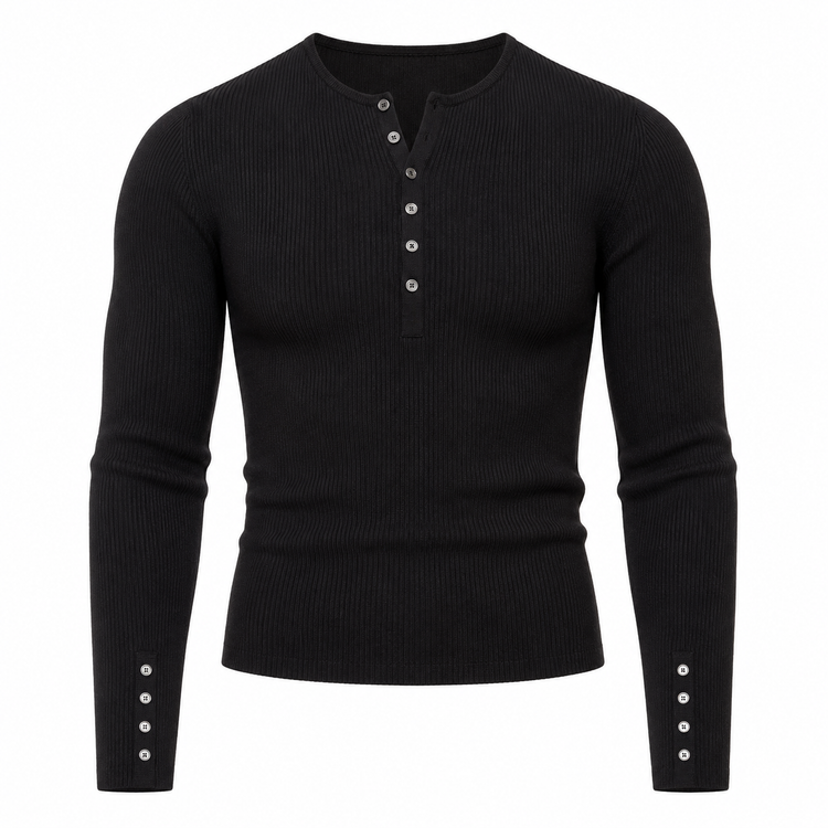 Black ribbed sweater with button details on a white background