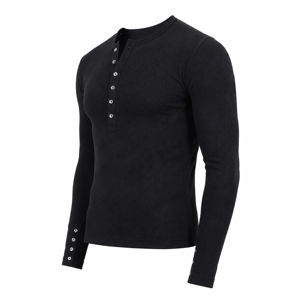 Black long-sleeve shirt with button details on a white background