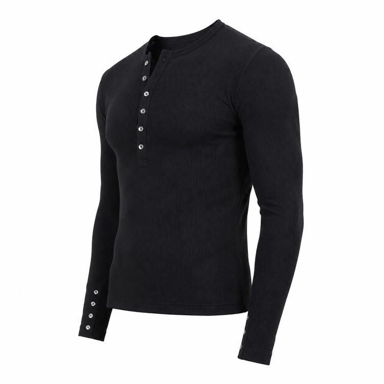 Black long-sleeve shirt with button details on a white background