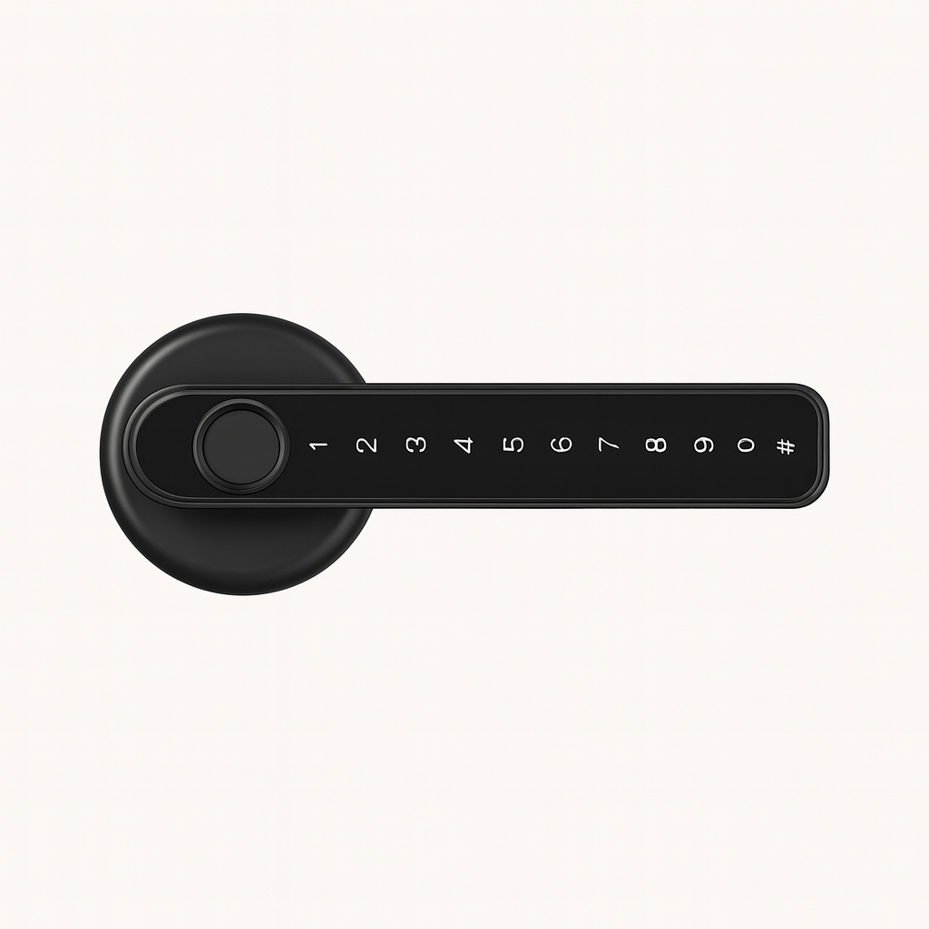 Black Smart door lock system with digital keypad and smartphone app on a white background
