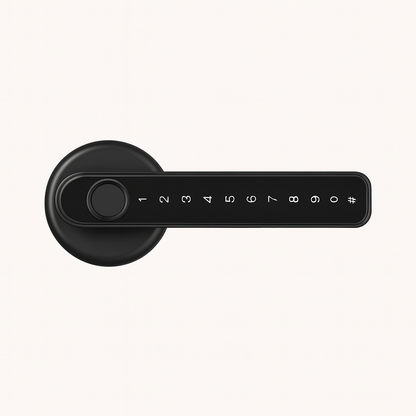 Black Smart door lock system with digital keypad and smartphone app on a white background