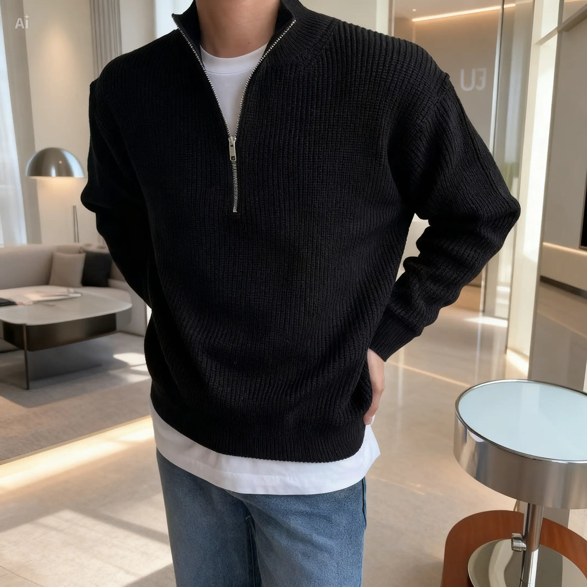 Men's half zipper cardigan in black ribbed knit, front view on model indoors with hand in pocket