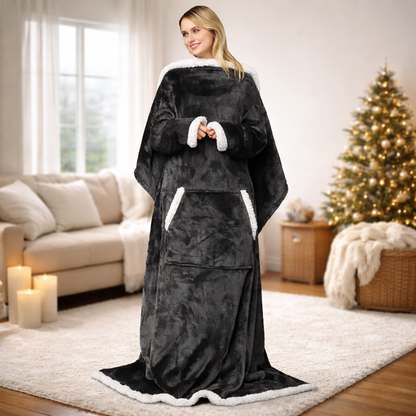 Black Warm Wearable Blanket with Sleeves – Wool Plush