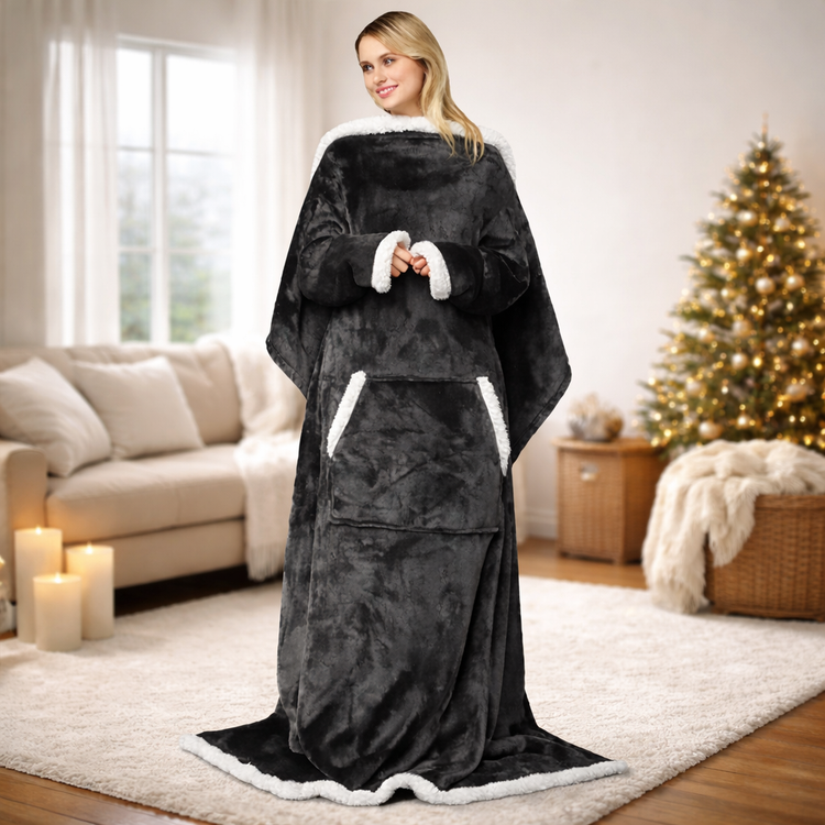 Black Warm Wearable Blanket with Sleeves – Wool Plush