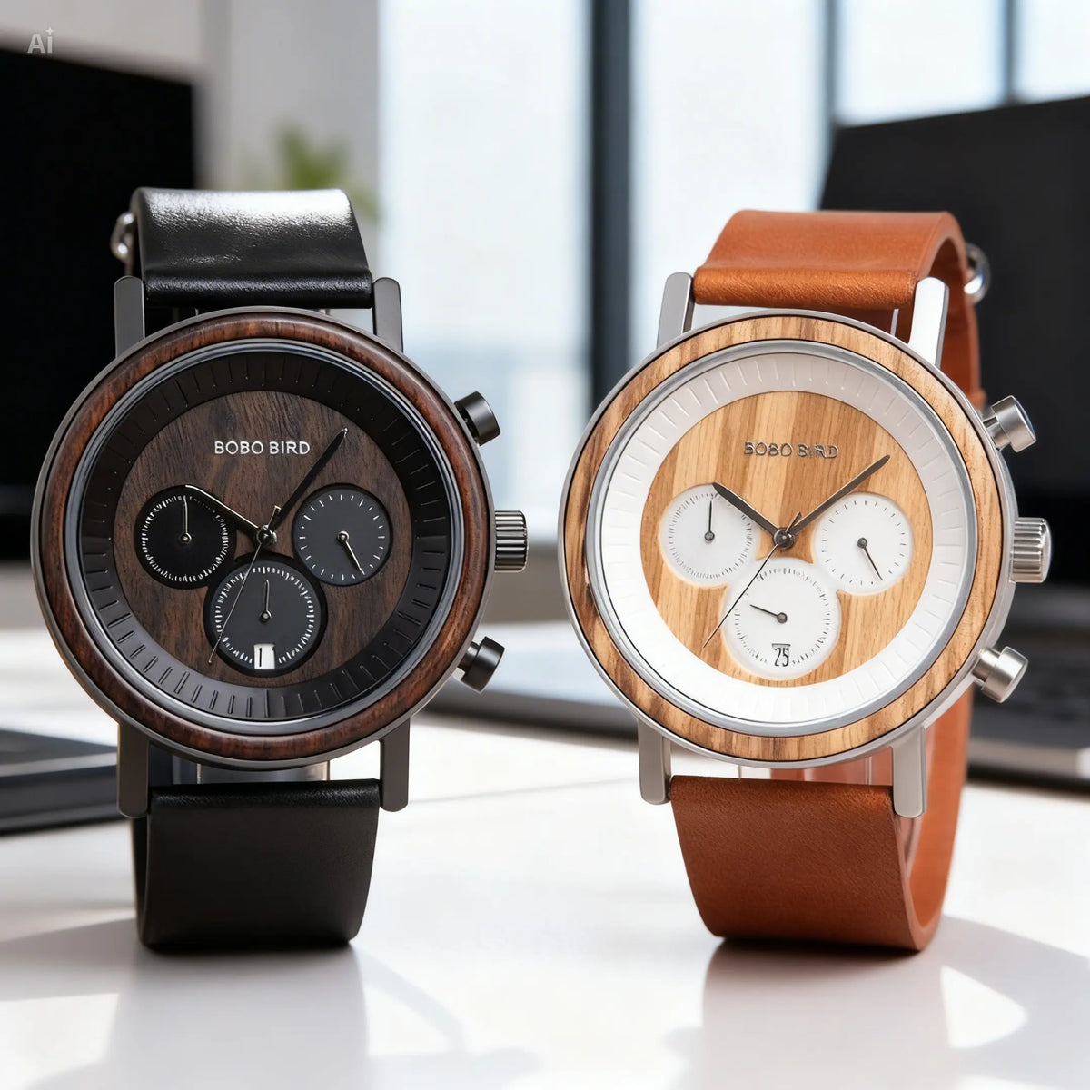 Chronograph men's watch with zebra wood band, black and brown leather straps shown side by side.