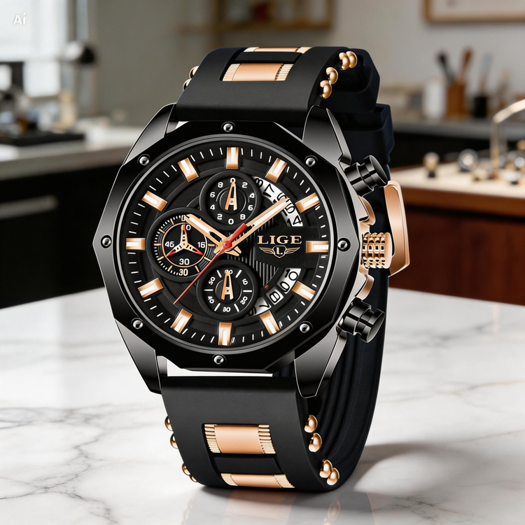 Black and rose gold watch on a marble surface with a blurred kitchen background