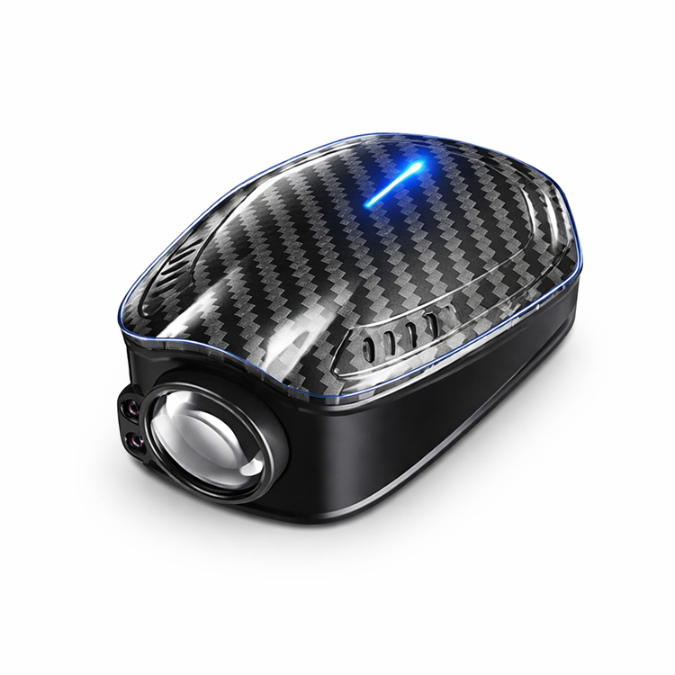 Black electronic device with carbon fiber texture on a white background
