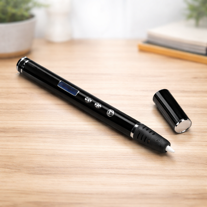 Black electronic pen on a wooden surface with a blurred background
