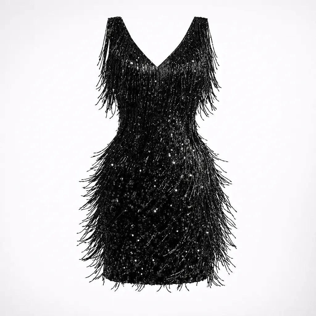 tassel deep v-neck camisole dress for elegant style in black with sparkling tassels and sequins