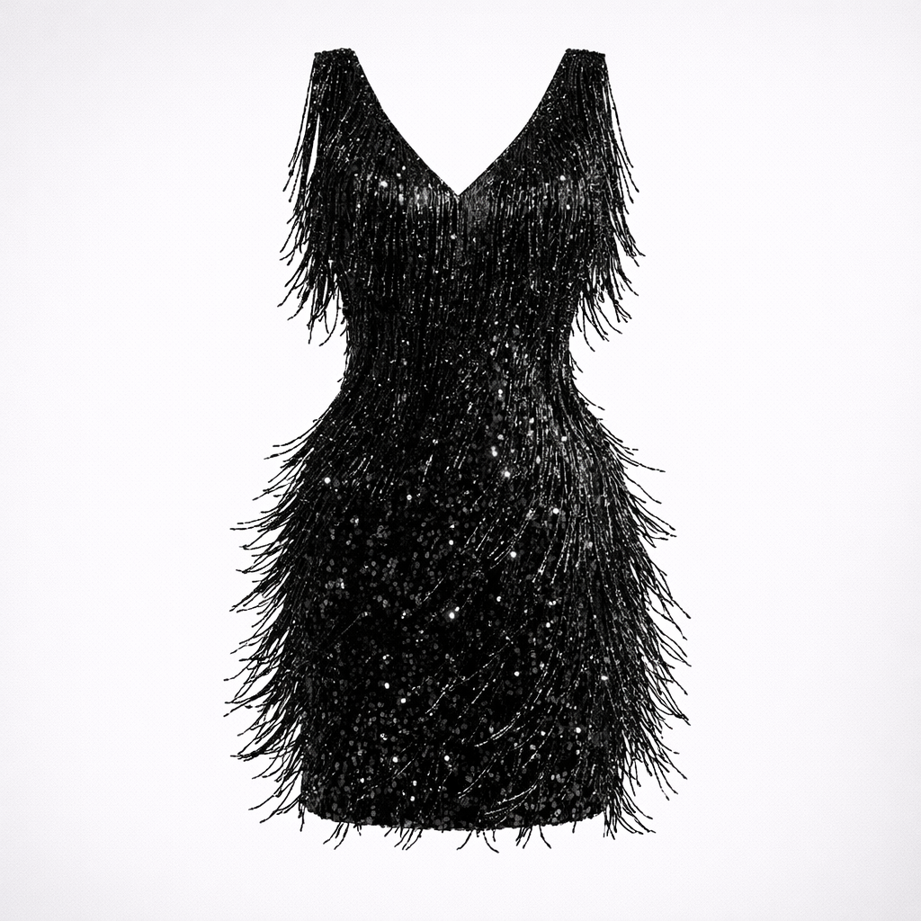 Black fringe dress with sequins on a white background