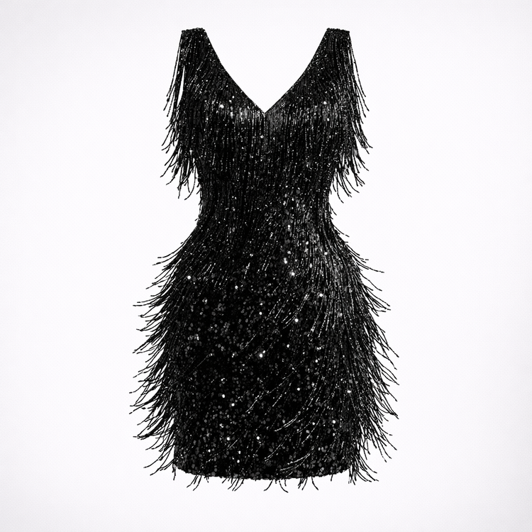 Black fringe dress with sequins on a white background