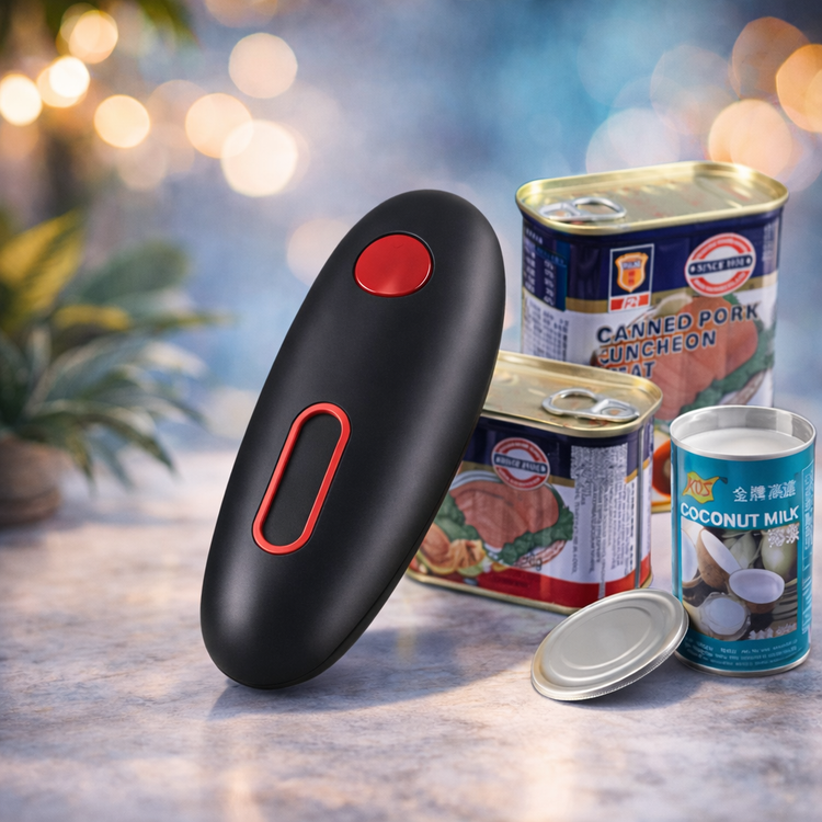 Black handheld device with red button on a surface with canned goods