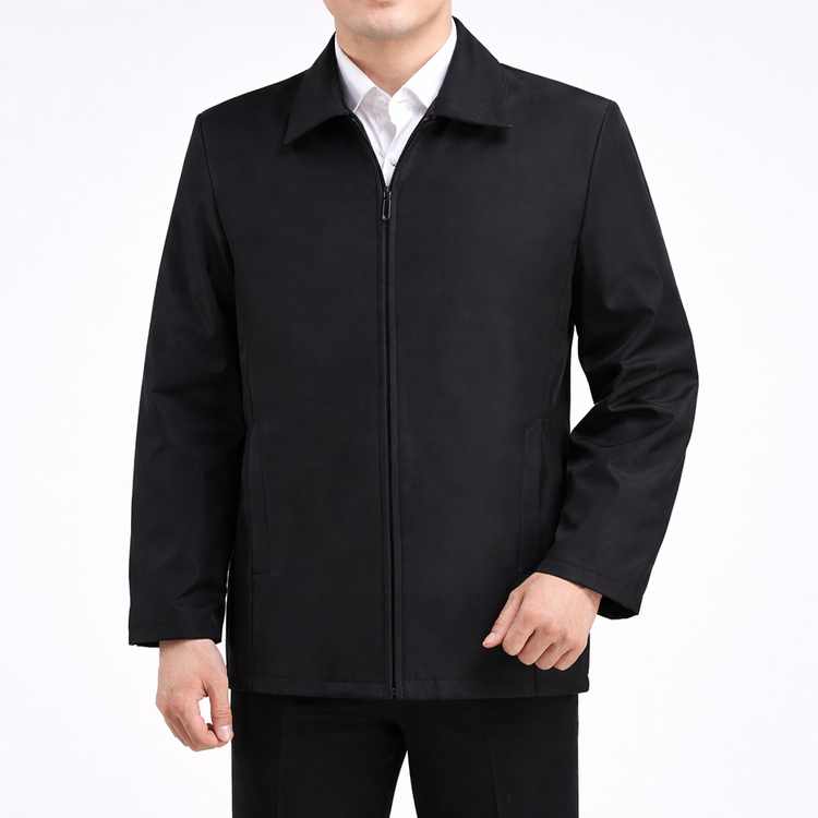 Black jacket worn by a person on a white background