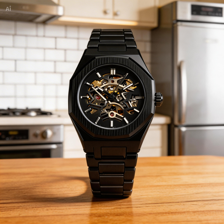 Black mechanical watch on a wooden surface with a kitchen background