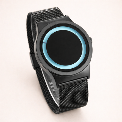 Black mesh watch with a blue light on a white background