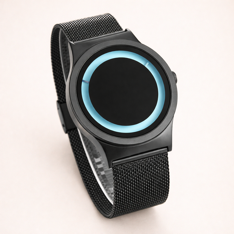 Black mesh watch with a blue light on a white background