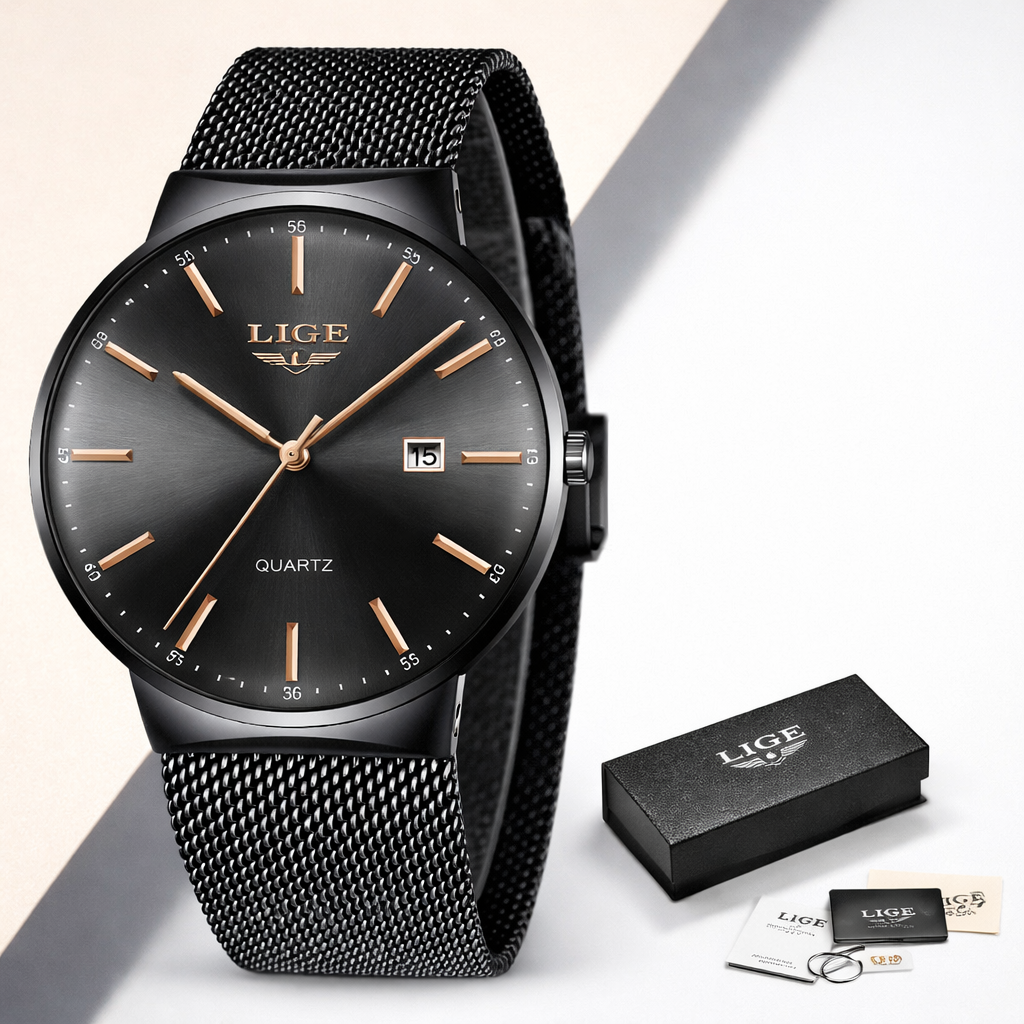 Black mesh watch with rose gold accents and LIGE branding, including packaging and accessories on a light background.