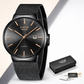 Black mesh watch with rose gold accents and LIGE branding, including packaging and accessories on a light background.