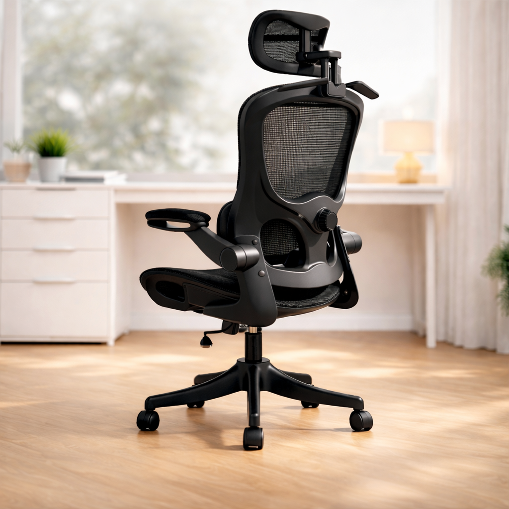 Black office chair in a home office setting with a desk and decor Black Frame Black Net Hollow out style