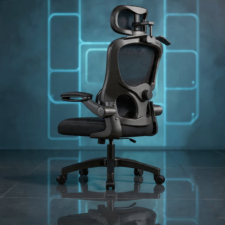 Black office chair with ergonomic design on a reflective surface and blue geometric background Black Frame Black Net Sponge style