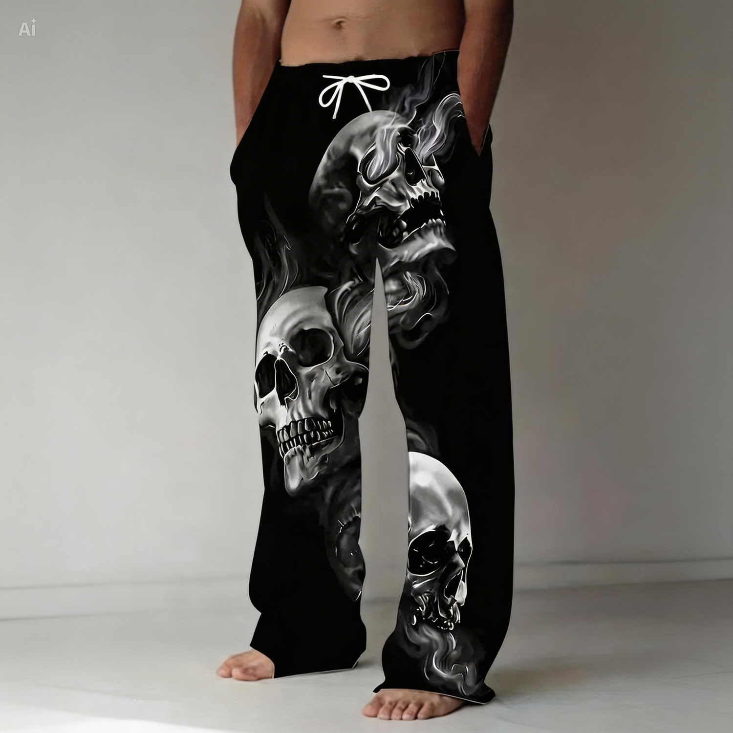 Black pants with skull design worn by a person on a plain background