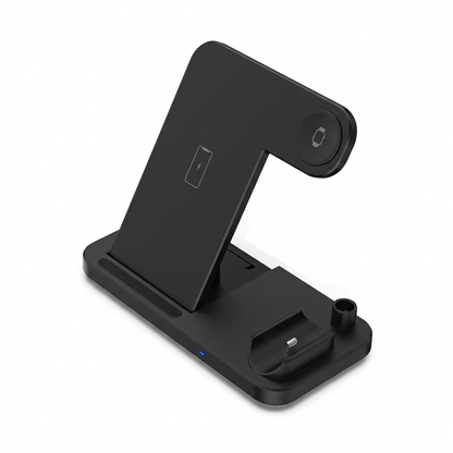 Black phone stand and charging dock on a white background