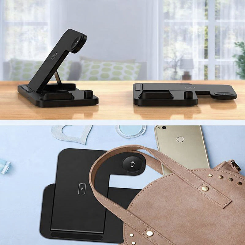 Black phone stand on a wooden surface with a blurred background, followed by a close-up of a phone in a brown handbag.